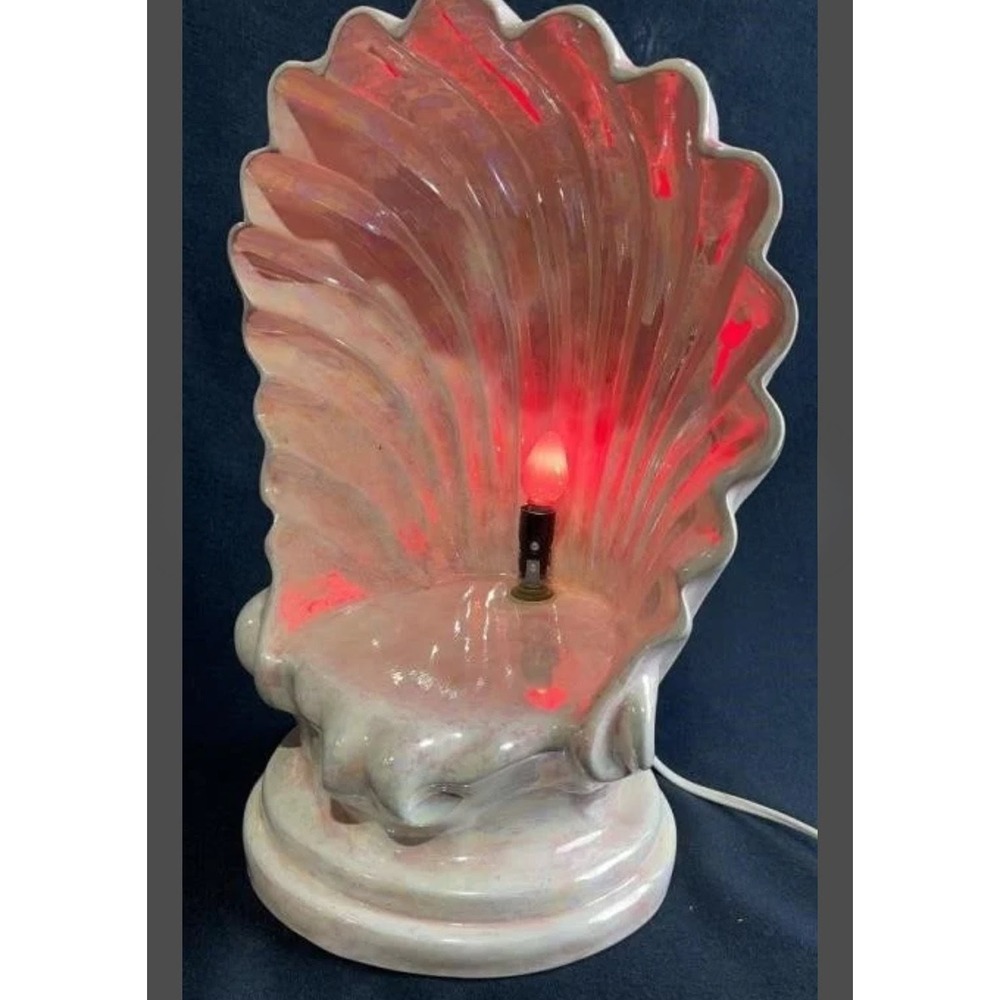 VTG Iridescent Clam Shell Lamp 15" Pearlized Coastal‎ Bedside Light Art Deco